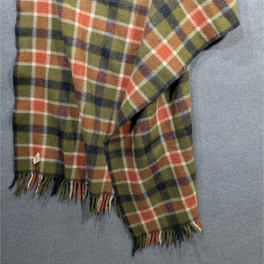 Vintage Faribo Fluff-Loomed Wool Blanket Green Orange Fringe 46x56 Throw EUC
